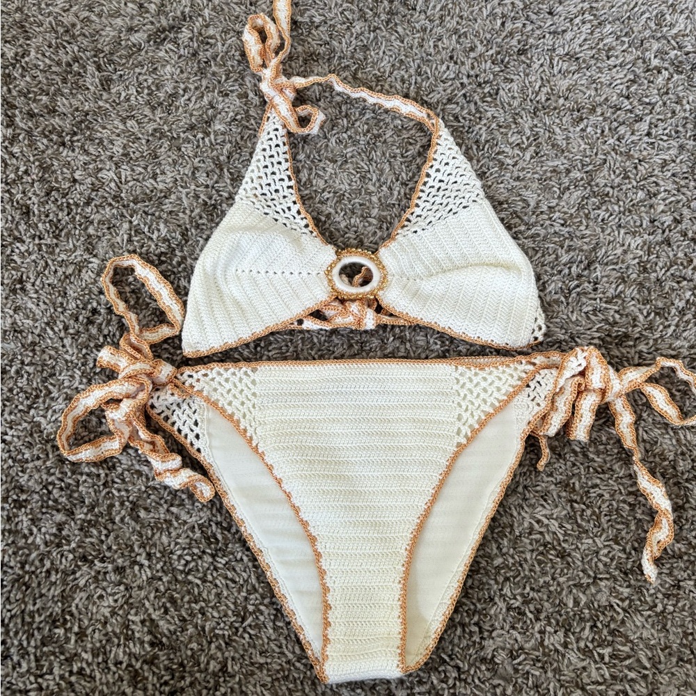 Cream and Tan Crochet One Piece